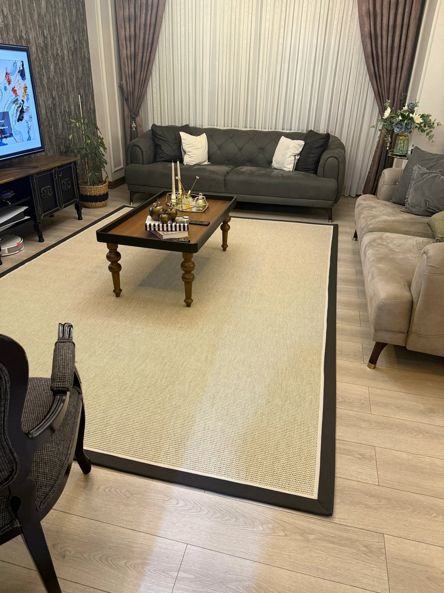 Antrasit Krem Çift Renk Kumaş Bordürlü 664 Krem Sisal Halı - El Yapımı, Dayanıklı, Modern Tasarım - HVHB21 - HALI VAGONU