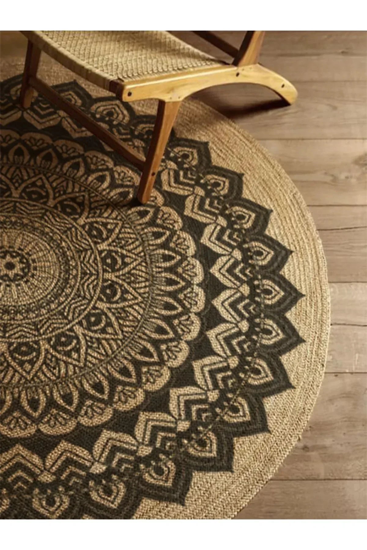 Boho 900 Mandala Desenli Etnik Örgü Yuvarlak Natural Çift Taraflı Halı - HALI VAGONU