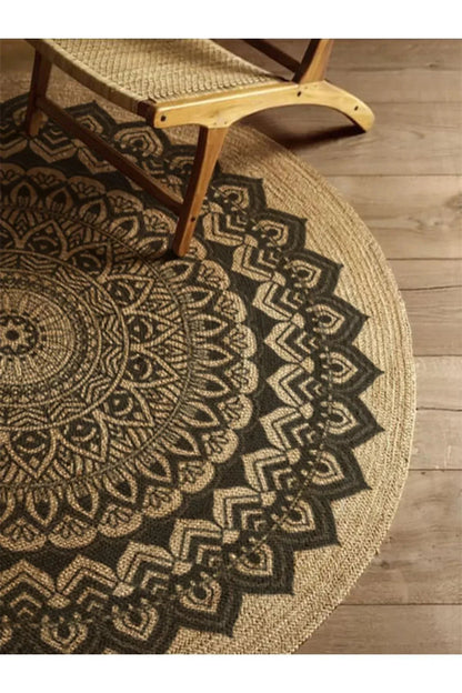 Boho 900 Mandala Desenli Etnik Örgü Yuvarlak Natural Çift Taraflı Halı - HALI VAGONU