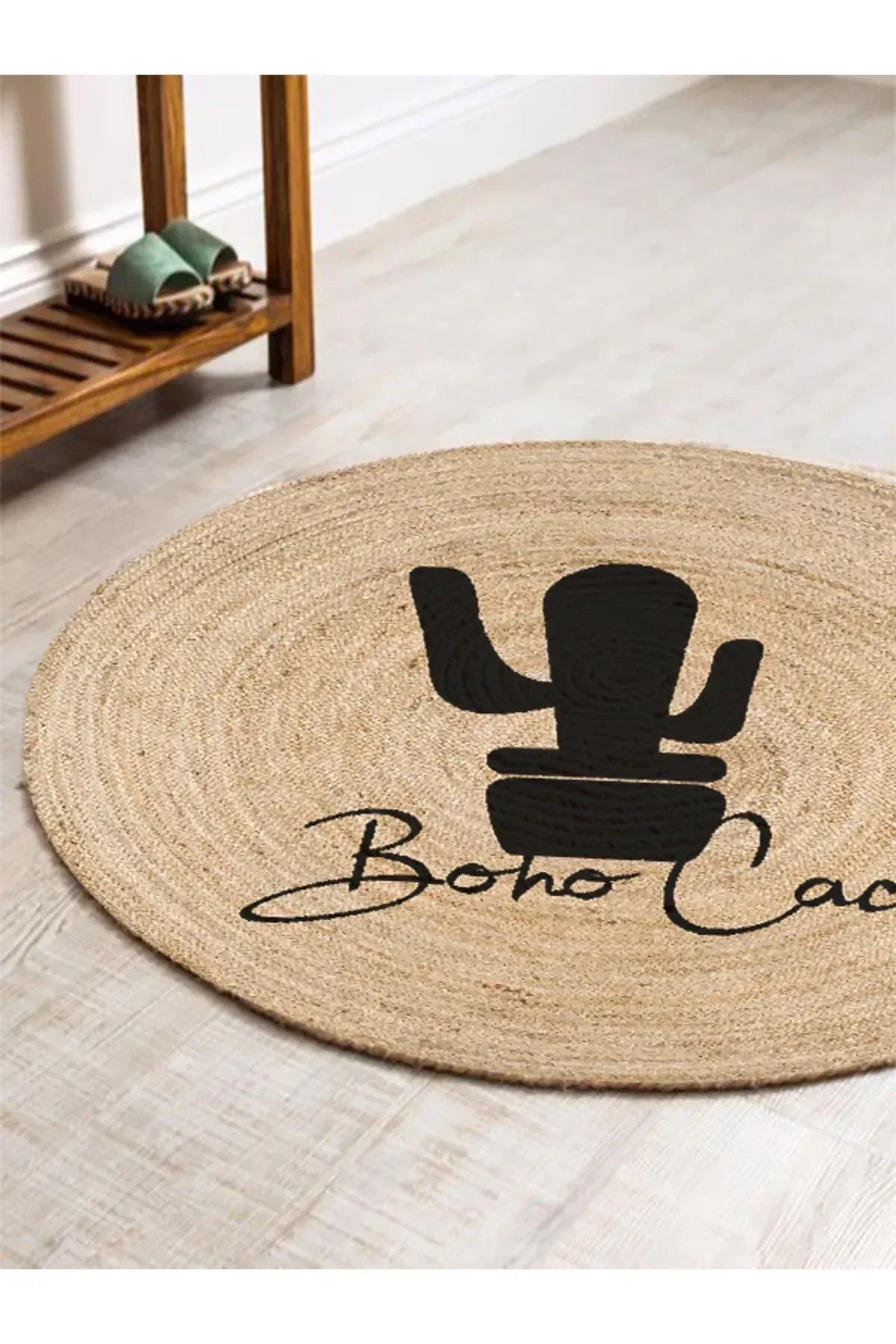 Boho 903 Doğa Ve Botanik Kaktüs Desenli Etnik Örgü Yuvarlak Natural Renk Çift Taraflı Halı - HALI VAGONU