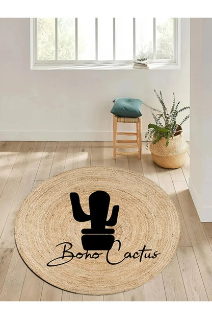 Boho 903 Doğa Ve Botanik Kaktüs Desenli Etnik Örgü Yuvarlak Natural Renk Çift Taraflı Halı - HALI VAGONU