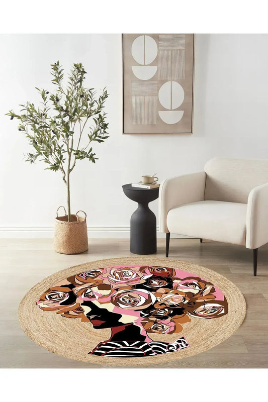 Boho 905 Jut Renkli Kadın Temalı Etnik Örgü Yuvarlak Natural Renk Çift Taraflı Halı - HALI VAGONU