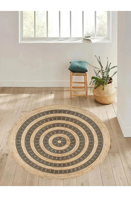 Boho 906 Jüt Hasır Etnik Desenli Jüt Örme Doğal Hasır Natural Halı - HALI VAGONU