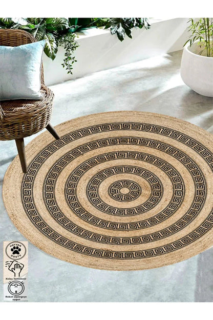 Boho 906 Jüt Hasır Etnik Desenli Jüt Örme Doğal Hasır Natural Halı - HALI VAGONU