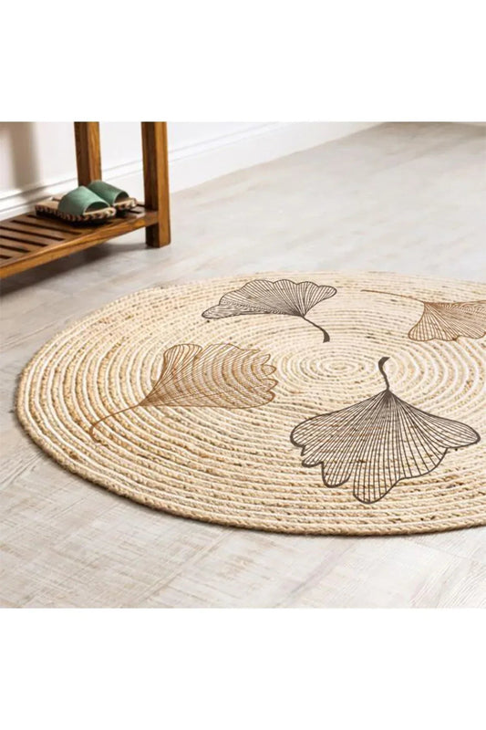 Boho 907 Floral Desenli Örgü Yuvarlak Natural Çift Taraflı Halı - HALI VAGONU