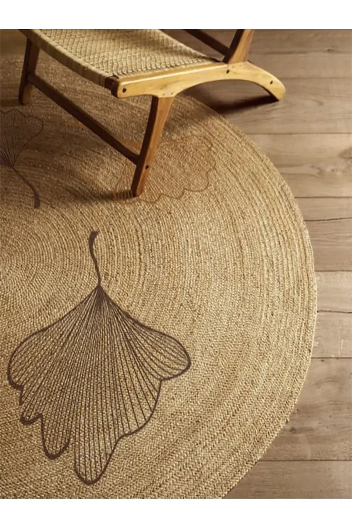 Boho 907 Floral Desenli Örgü Yuvarlak Natural Çift Taraflı Halı - HALI VAGONU