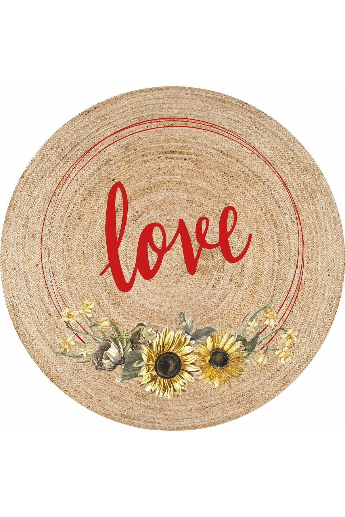 Boho 911 Jüt Doğa Iplik Ile Üretilmiş Love Desenli Yuvarlak Natural Renk Çift Taraflı Halı - HALI VAGONU
