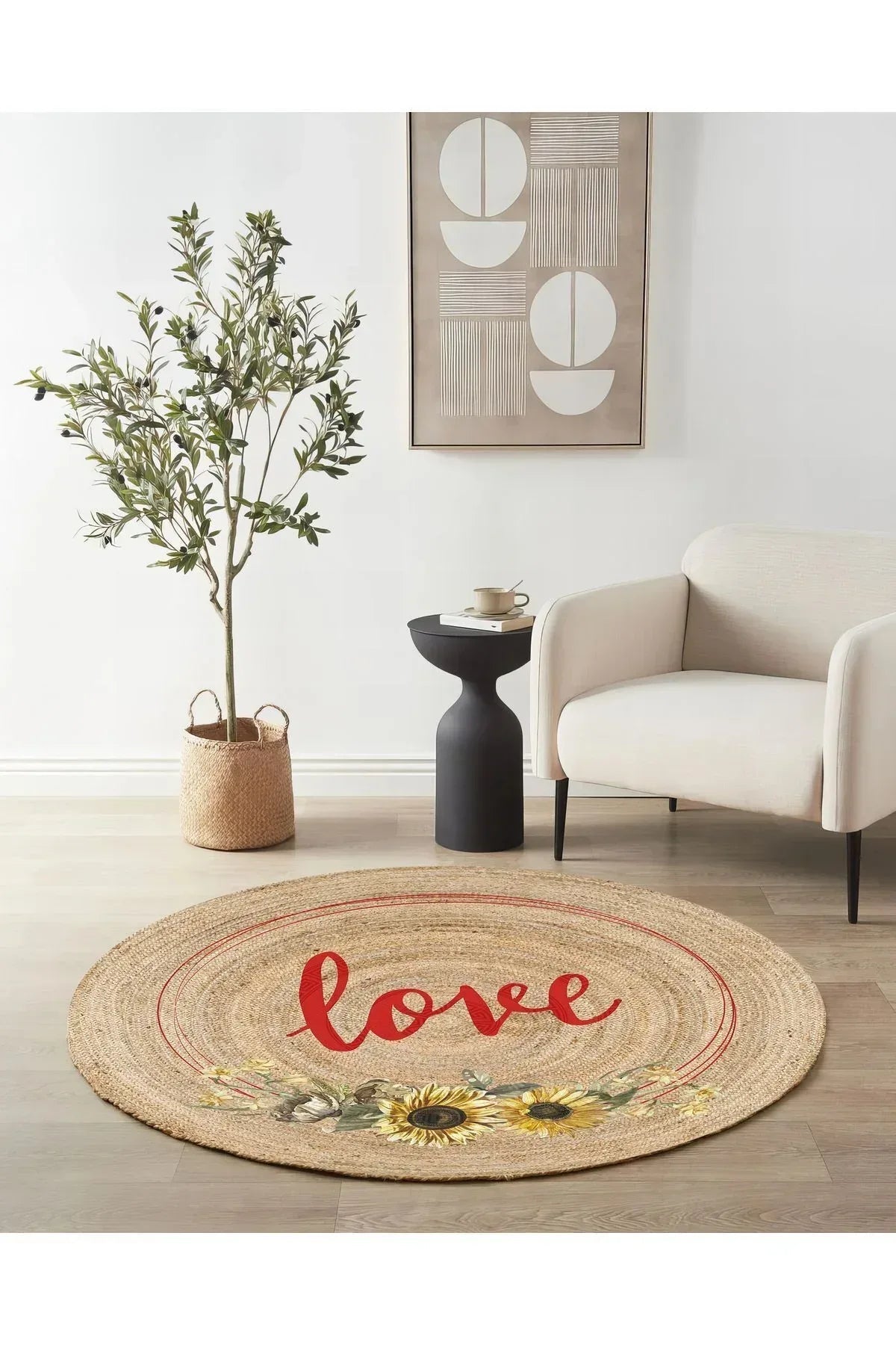 Boho 911 Jüt Doğa Iplik Ile Üretilmiş Love Desenli Yuvarlak Natural Renk Çift Taraflı Halı - HALI VAGONU