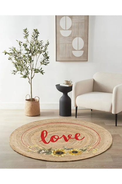 Boho 911 Jüt Doğa Iplik Ile Üretilmiş Love Desenli Yuvarlak Natural Renk Çift Taraflı Halı - HALI VAGONU