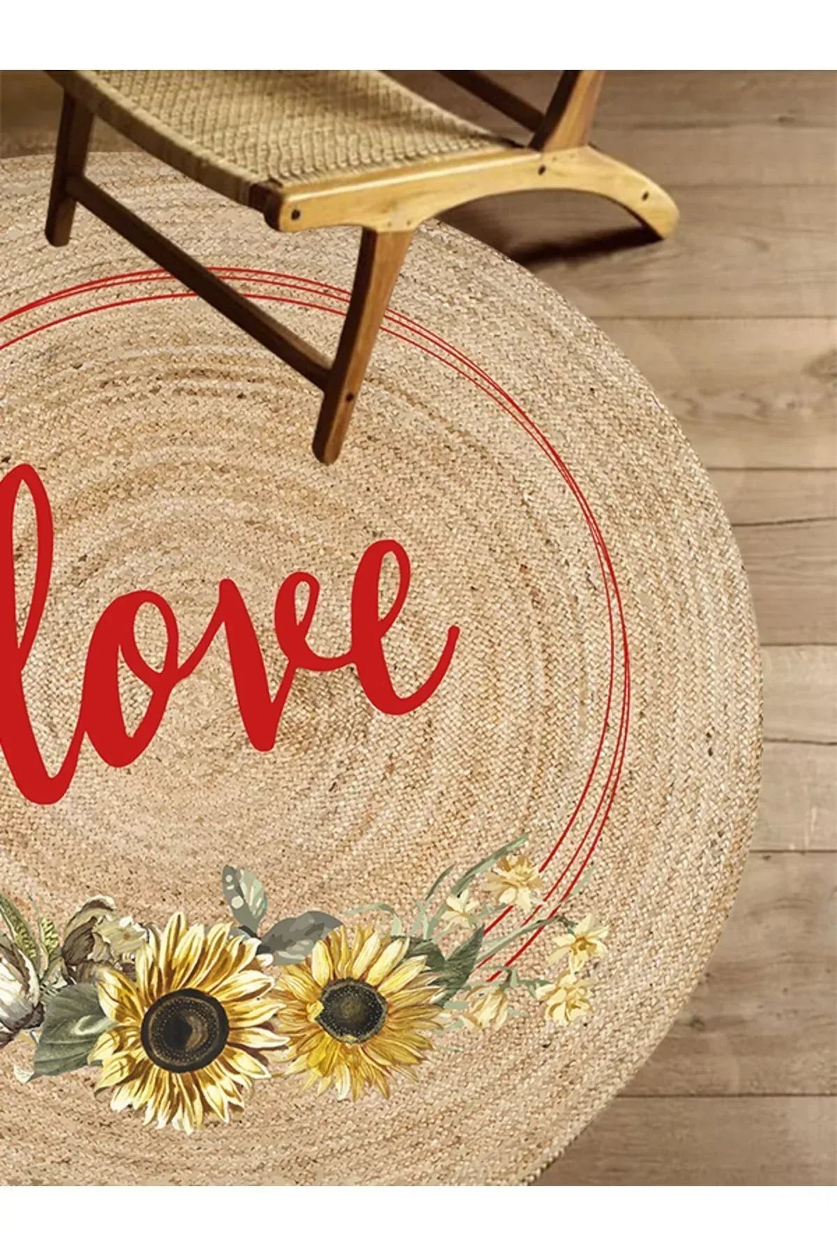 Boho 911 Jüt Doğa Iplik Ile Üretilmiş Love Desenli Yuvarlak Natural Renk Çift Taraflı Halı - HALI VAGONU