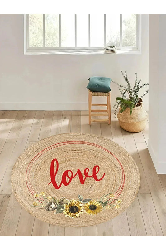 Boho 911 Jüt Doğa Iplik Ile Üretilmiş Love Desenli Yuvarlak Natural Renk Çift Taraflı Halı - HALI VAGONU