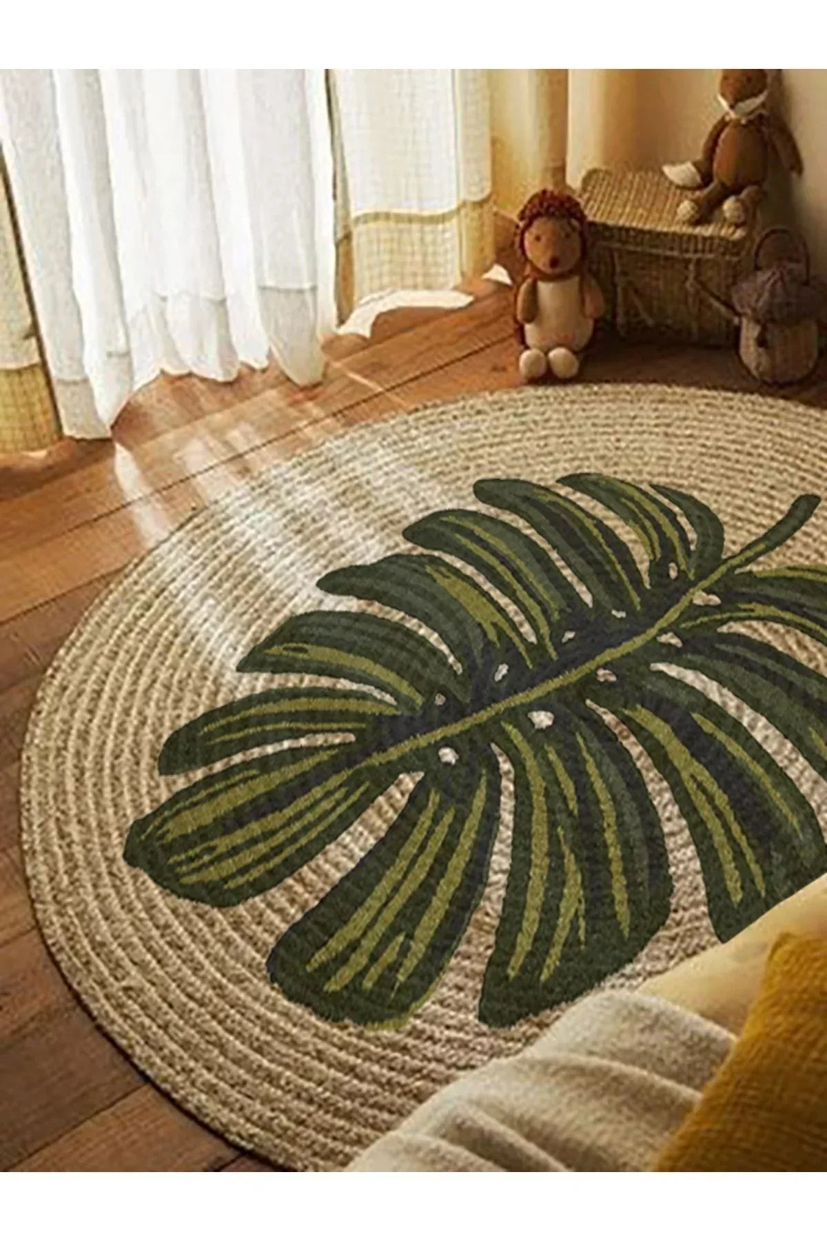 Boho 912 Yaprak Minimalist Tema Etnik Örgü Yuvarlak Natural Renk Çift Taraflı Halı - HALI VAGONU