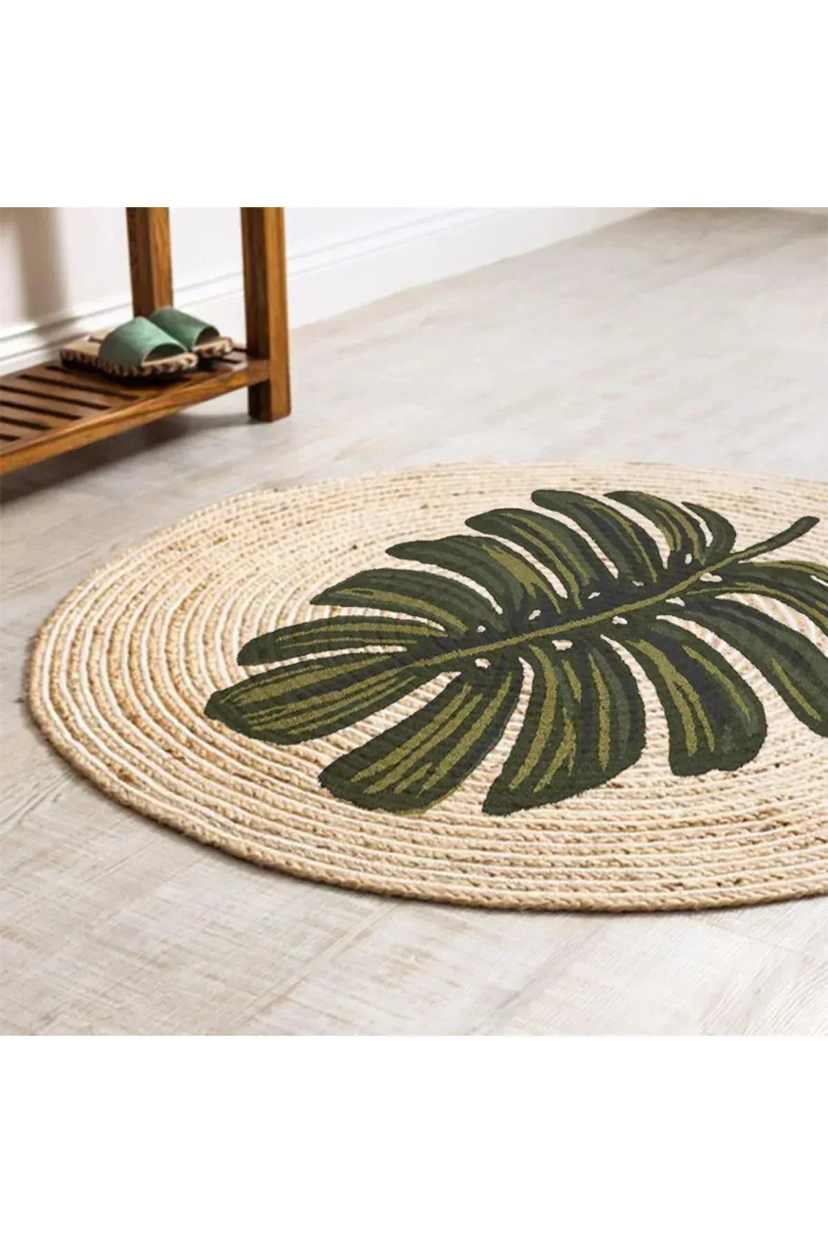 Boho 912 Yaprak Minimalist Tema Etnik Örgü Yuvarlak Natural Renk Çift Taraflı Halı - HALI VAGONU