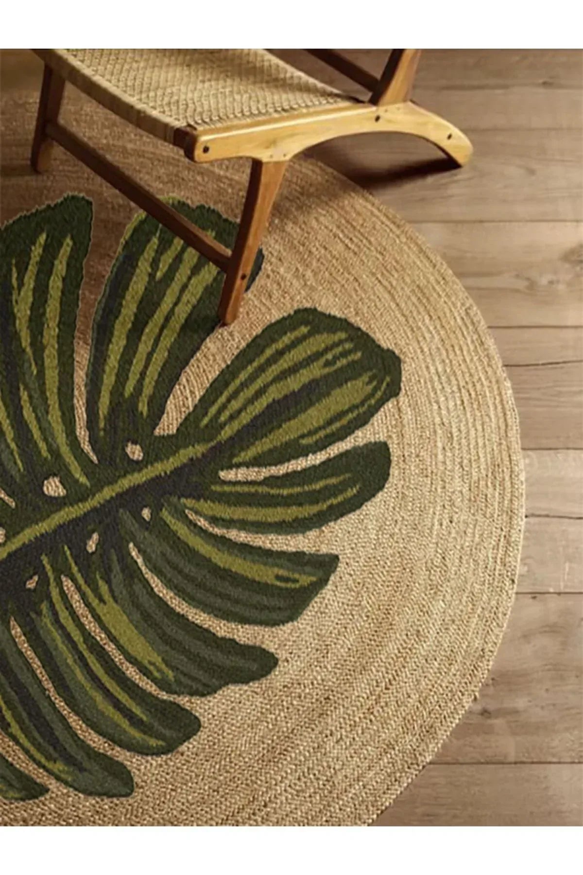 Boho 912 Yaprak Minimalist Tema Etnik Örgü Yuvarlak Natural Renk Çift Taraflı Halı - HALI VAGONU