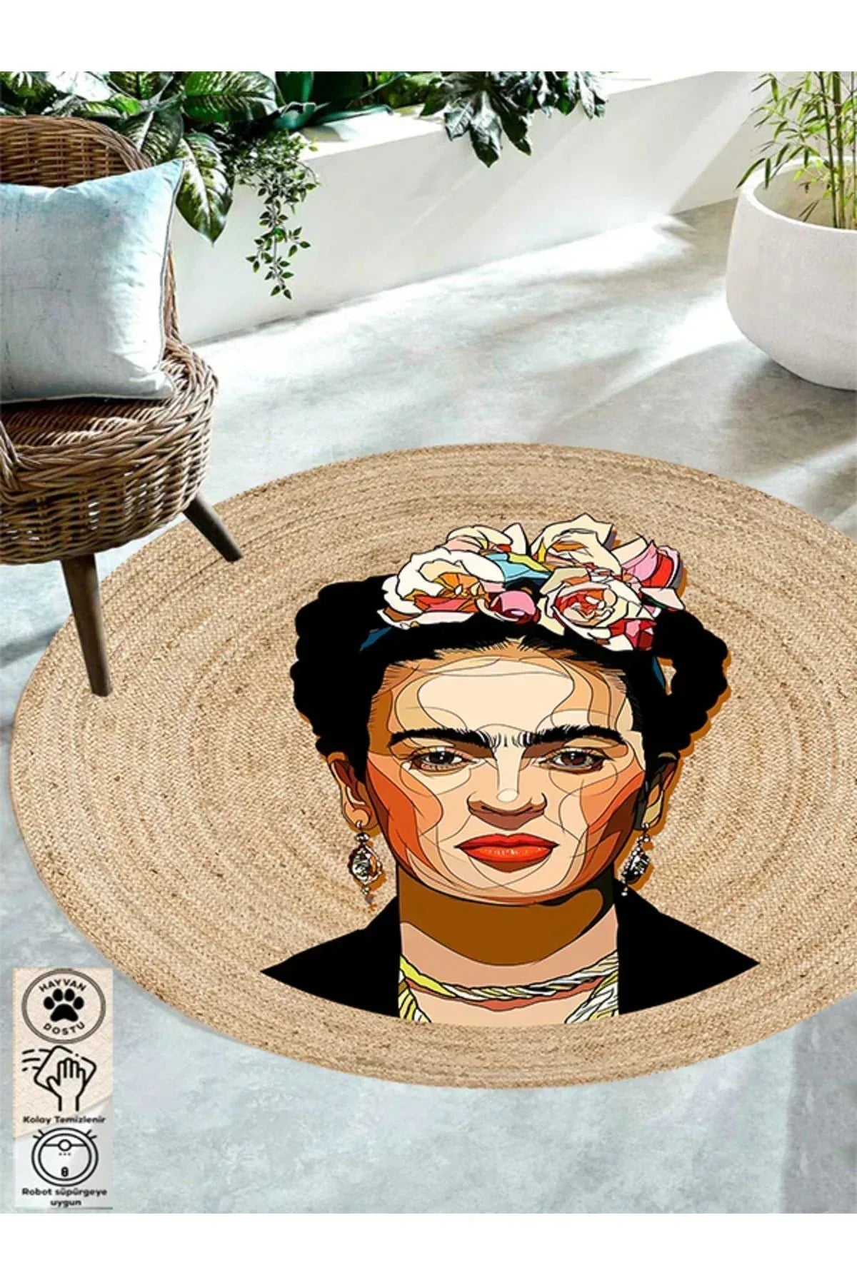 Boho 914 Kadın Figürlü Örgü Yuvarlak Natural Çift Taraflı Halı - HALI VAGONU