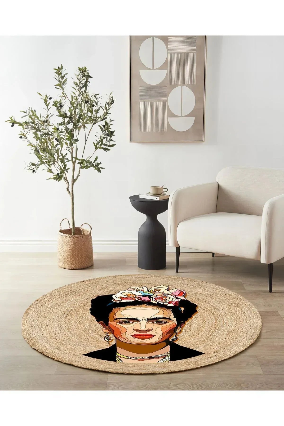 Boho 914 Kadın Figürlü Örgü Yuvarlak Natural Çift Taraflı Halı - HALI VAGONU