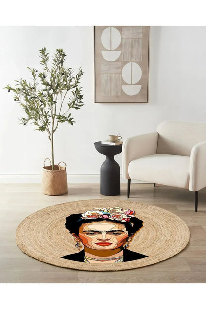 Boho 914 Kadın Figürlü Örgü Yuvarlak Natural Çift Taraflı Halı - HALI VAGONU