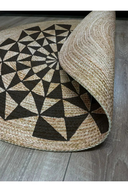Boho 915 Geometrik Desen Baskılı Örgü Yuvarlak Natural Çift Taraflı Halı - HALI VAGONU