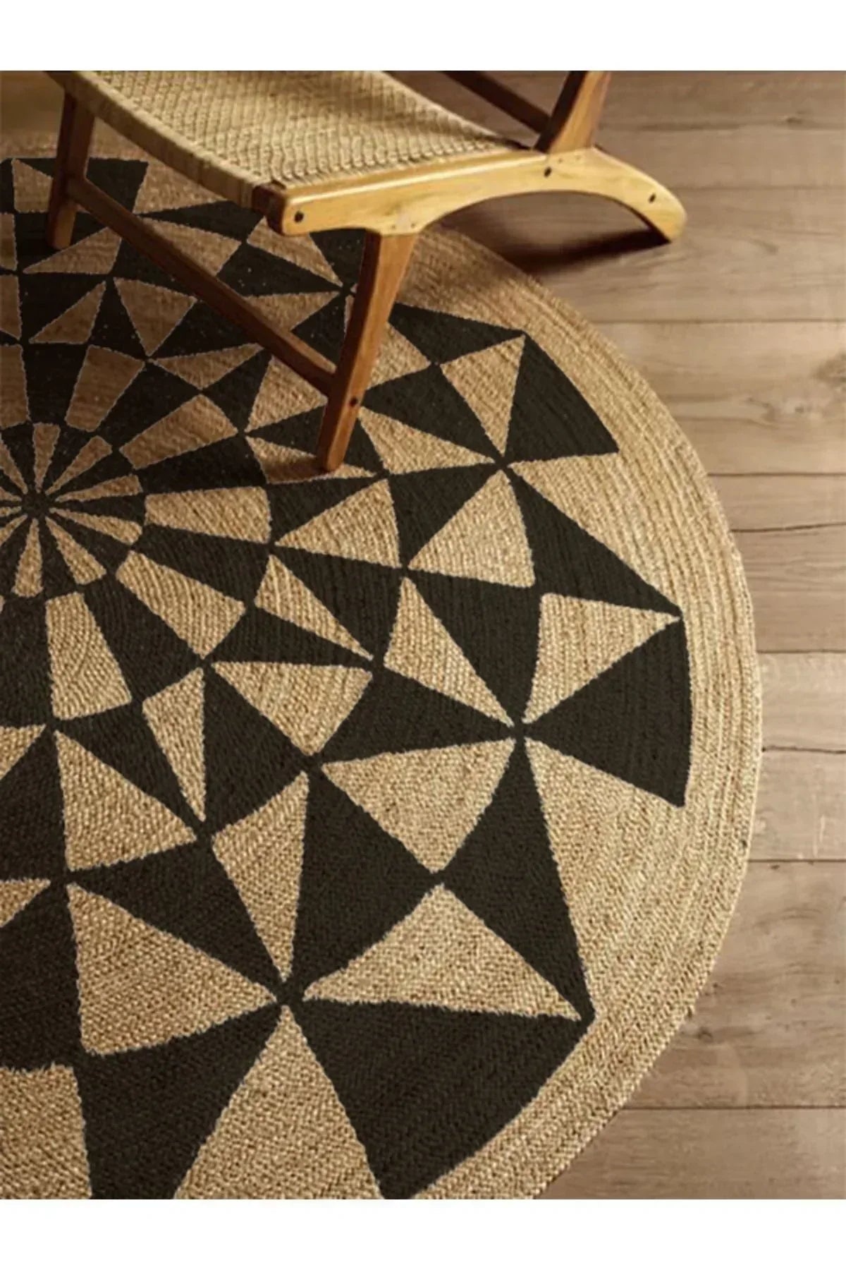 Boho 915 Geometrik Desen Baskılı Örgü Yuvarlak Natural Çift Taraflı Halı - HALI VAGONU