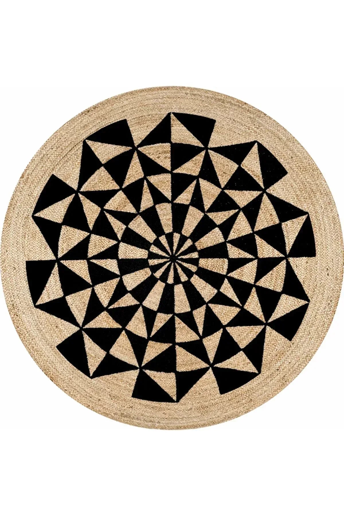Boho 915 Geometrik Desen Baskılı Örgü Yuvarlak Natural Çift Taraflı Halı - HALI VAGONU