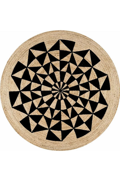 Boho 915 Geometrik Desen Baskılı Örgü Yuvarlak Natural Çift Taraflı Halı - HALI VAGONU
