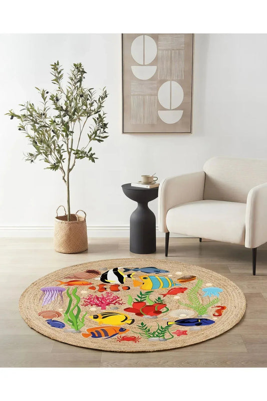 Boho 917 Jüt Hasır Etnik Desenli Jüt Örme Doğal Hasır Natural Halı - HALI VAGONU