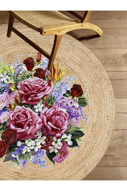 Boho 919 Jüt Doğa Iplik Ile Üretilmiş Çiçek Desenli Yuvarlak Natural Renk Çift Taraflı Halı - HALI VAGONU