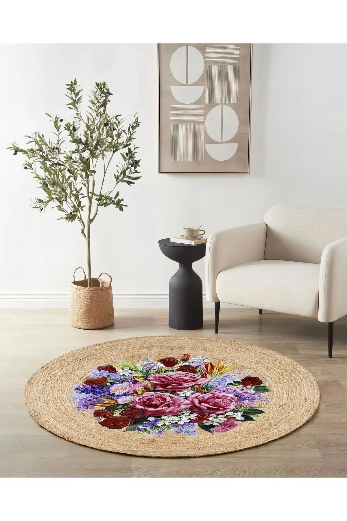 Boho 919 Jüt Doğa Iplik Ile Üretilmiş Çiçek Desenli Yuvarlak Natural Renk Çift Taraflı Halı - HALI VAGONU