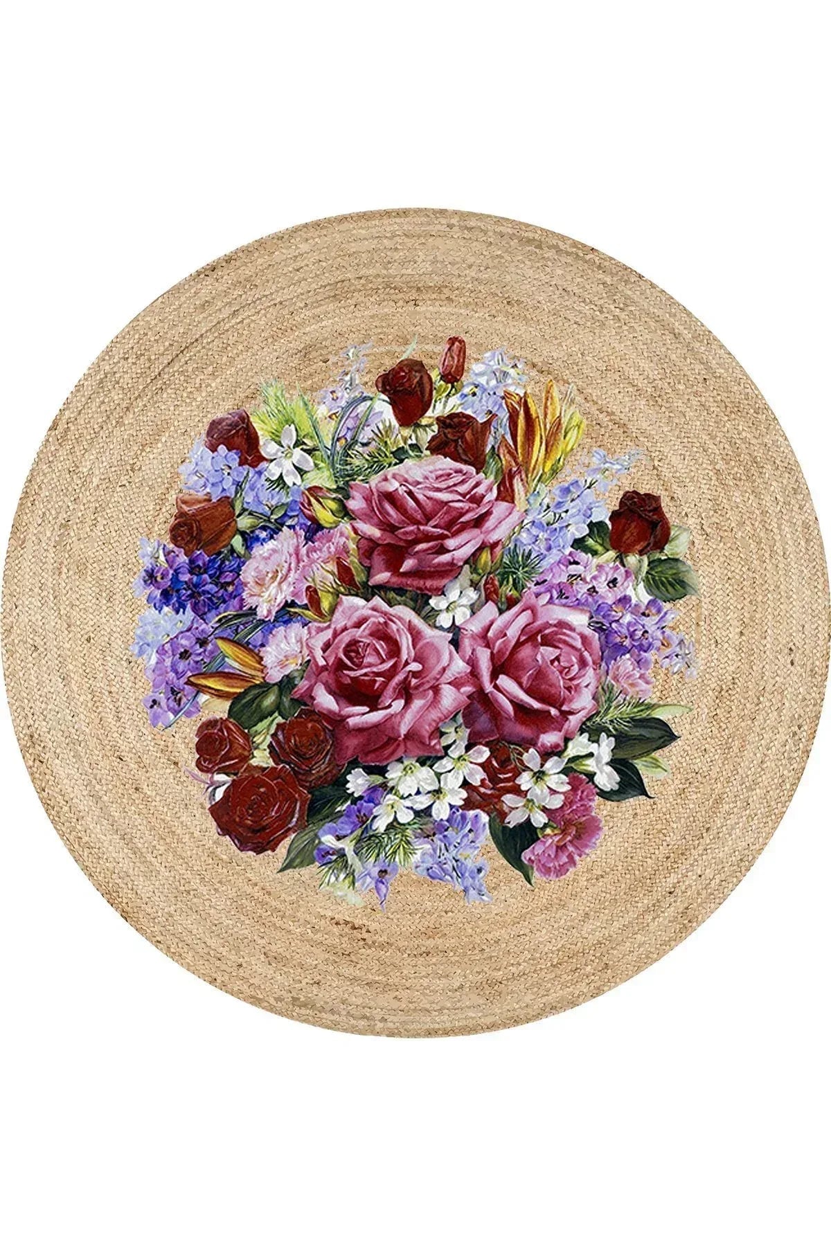 Boho 919 Jüt Doğa Iplik Ile Üretilmiş Çiçek Desenli Yuvarlak Natural Renk Çift Taraflı Halı - HALI VAGONU