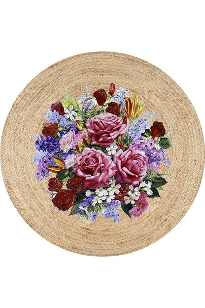 Boho 919 Jüt Doğa Iplik Ile Üretilmiş Çiçek Desenli Yuvarlak Natural Renk Çift Taraflı Halı - HALI VAGONU
