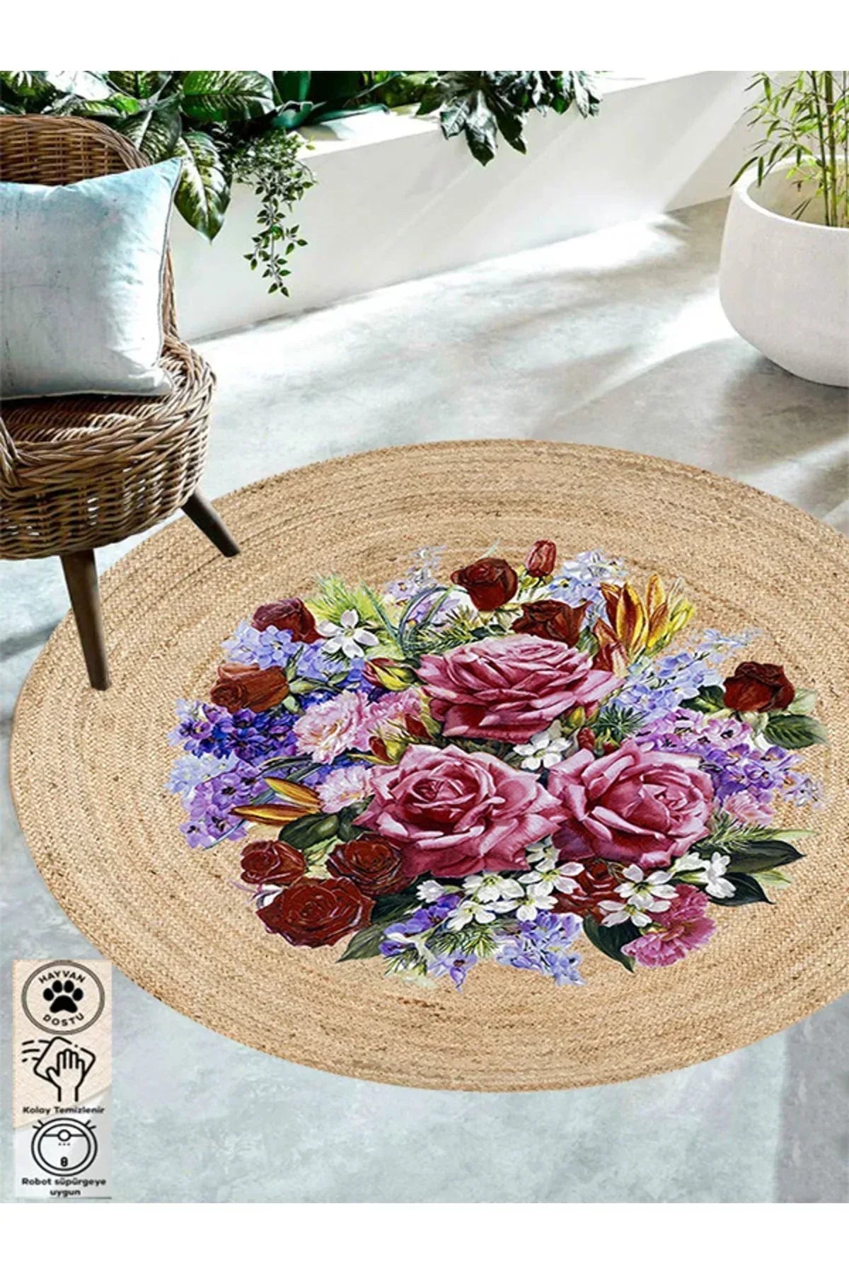 Boho 919 Jüt Doğa Iplik Ile Üretilmiş Çiçek Desenli Yuvarlak Natural Renk Çift Taraflı Halı - HALI VAGONU