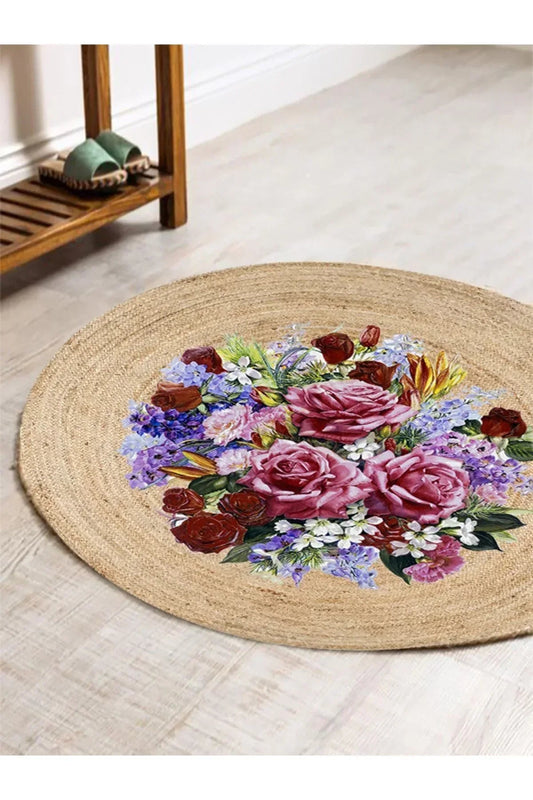 Boho 919 Jüt Doğa Iplik Ile Üretilmiş Çiçek Desenli Yuvarlak Natural Renk Çift Taraflı Halı - HALI VAGONU