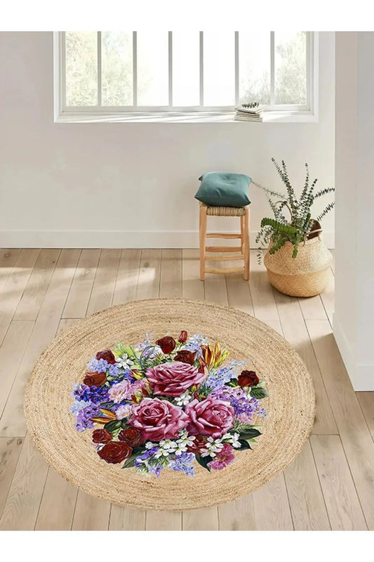 Boho 919 Jüt Doğa Iplik Ile Üretilmiş Çiçek Desenli Yuvarlak Natural Renk Çift Taraflı Halı - HALI VAGONU