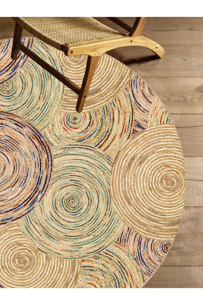 Boho 926 Jut Etnik Renkli Desenli Örgü Yuvarlak Natural Çift Taraflı Halı - HALI VAGONU