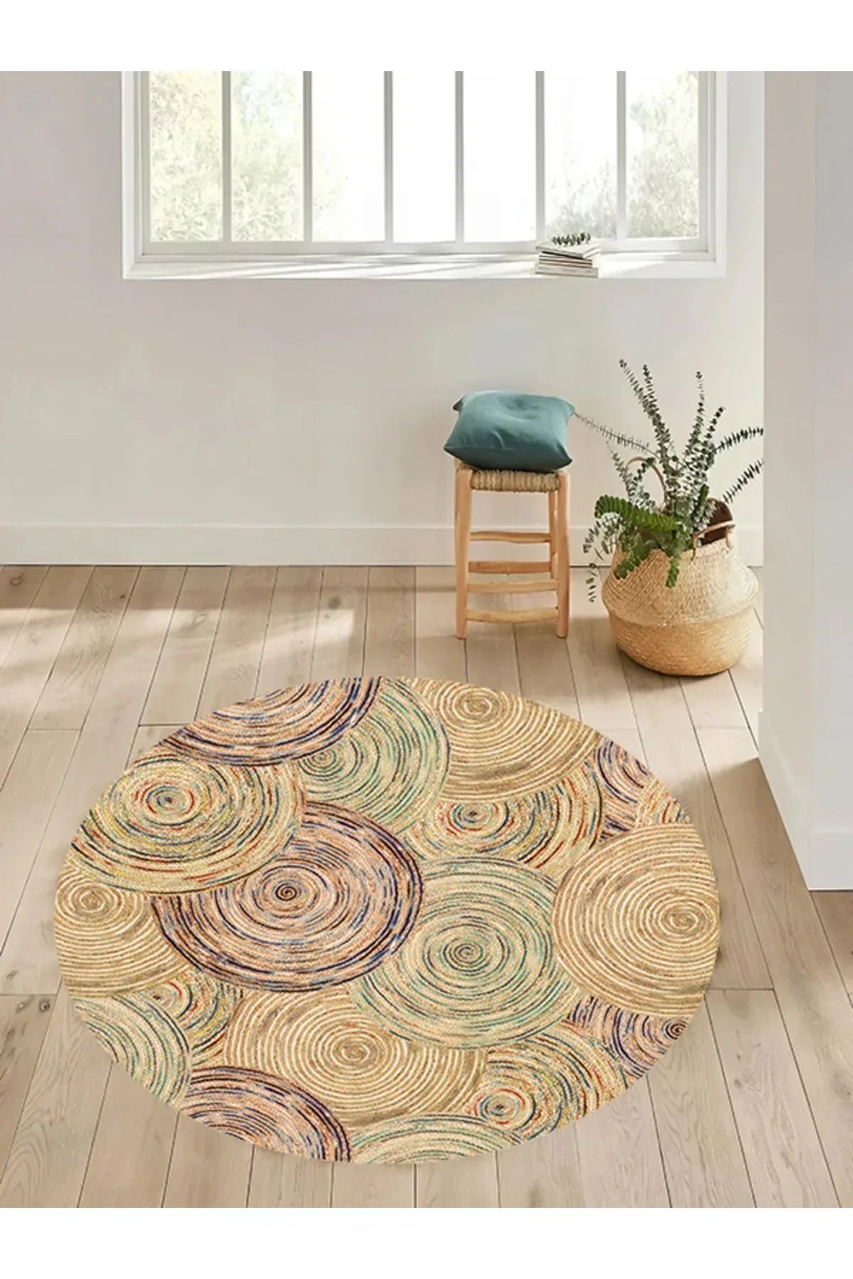 Boho 926 Jut Etnik Renkli Desenli Örgü Yuvarlak Natural Çift Taraflı Halı - HALI VAGONU