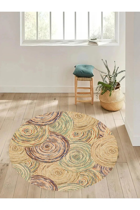 Boho 926 Jut Etnik Renkli Desenli Örgü Yuvarlak Natural Çift Taraflı Halı - HALI VAGONU