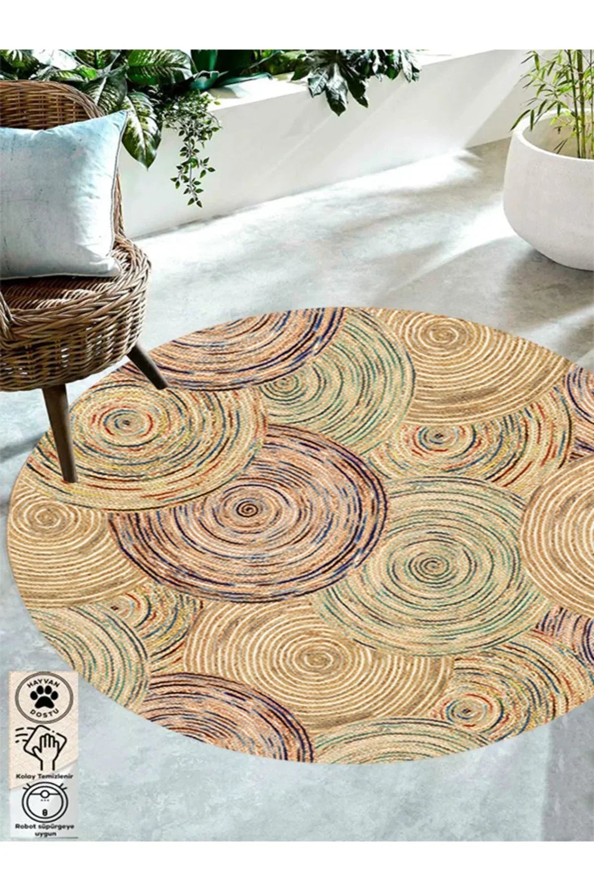 Boho 926 Jut Etnik Renkli Desenli Örgü Yuvarlak Natural Çift Taraflı Halı - HALI VAGONU