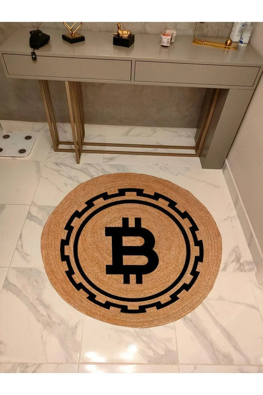 Boho 927 Jüt Doğa Iplik Ile Üretilmiş Bitcoin Desenli Yuvarlak Natural Renk Çift Taraflı Halı - HALI VAGONU