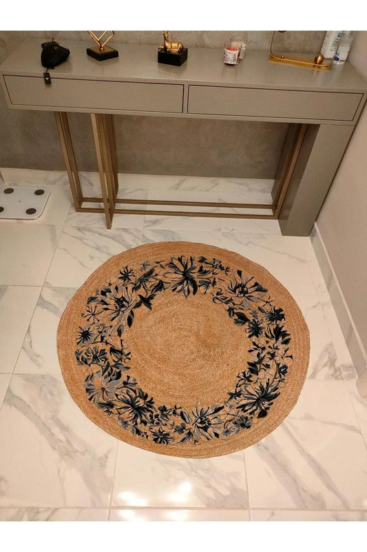Boho 930 Jüt Doğa Iplik Ile Üretilmiş Çiçek Desenli Yuvarlak Natural Renk Çift Taraflı Halı - HALI VAGONU