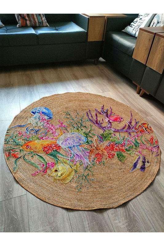 Boho 932 Jüt Hasır Etnik Desenli Jüt Örme Doğal Hasır Natural Halı - HALI VAGONU