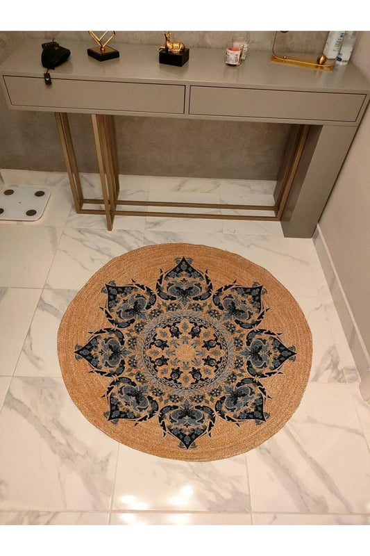 Boho 933 Jut Doğa Yıldız Tema Desenli Etnik Örgü Yuvarlak Natural Renk Çift Taraflı Halı - HALI VAGONU