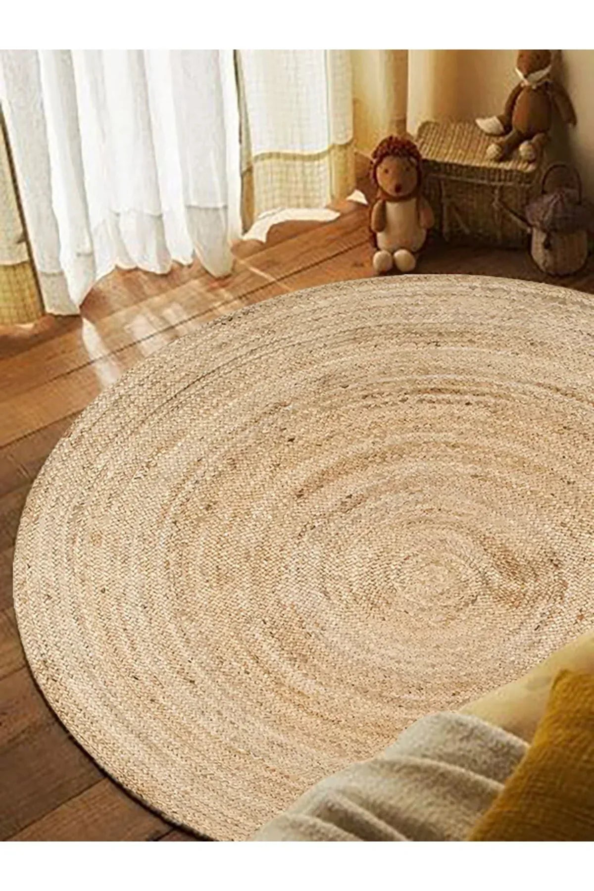 Boho 939 Doğal Hasır Jüt Desenli Örgü Yuvarlak Natural Çift Taraflı Halı - HALI VAGONU