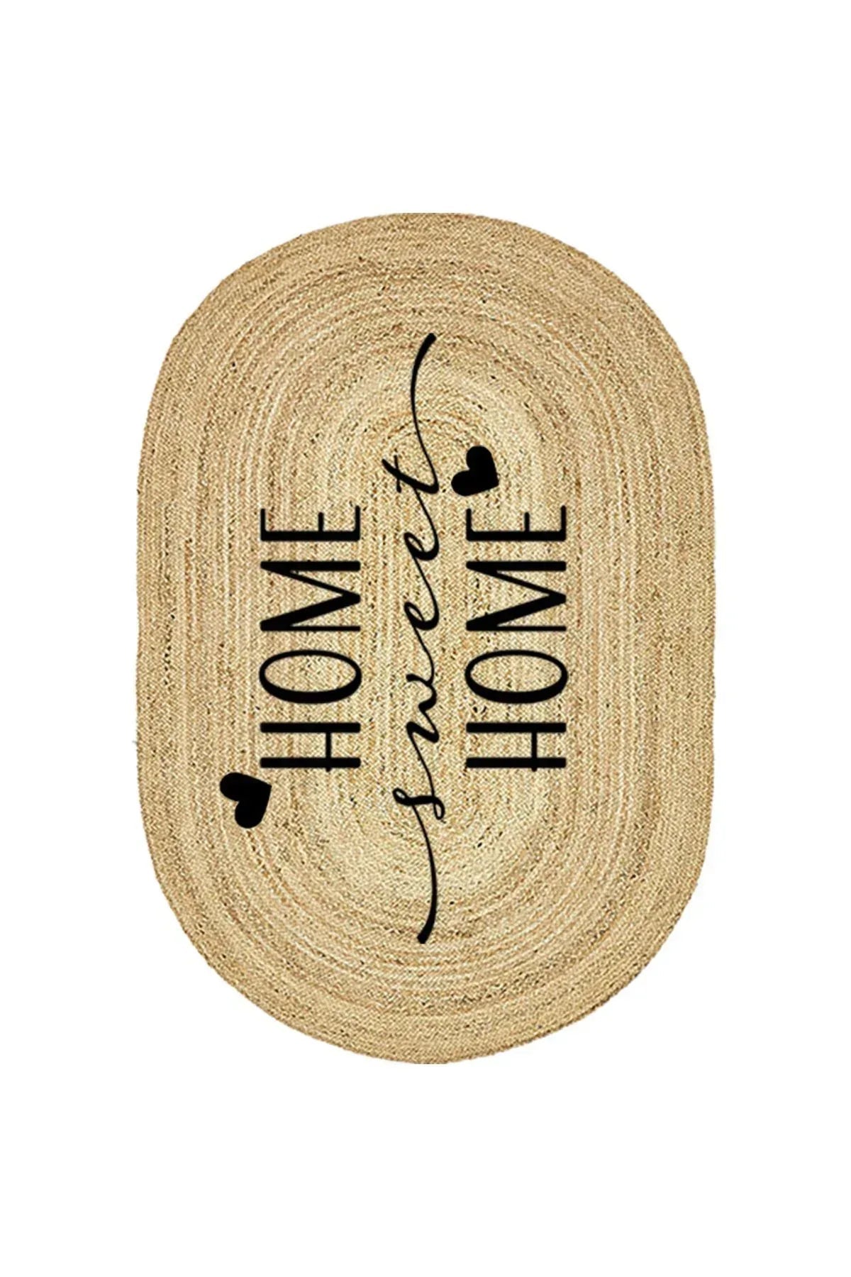 Boho 945 Home Sweet Home Temalı Etnik Desenli Oval Jüt Örme Doğal Hasır Kilim Daire Halı - HALI VAGONU