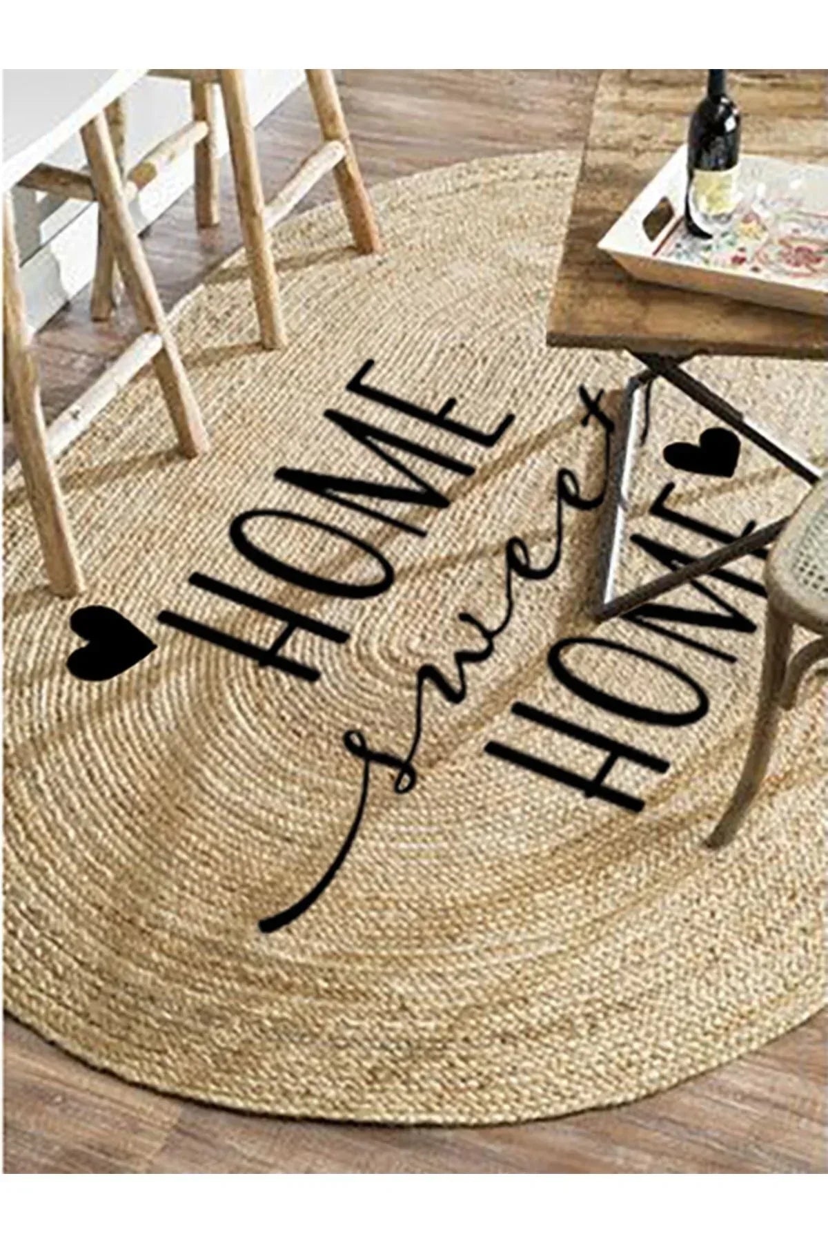Boho 945 Home Sweet Home Temalı Etnik Desenli Oval Jüt Örme Doğal Hasır Kilim Daire Halı - HALI VAGONU
