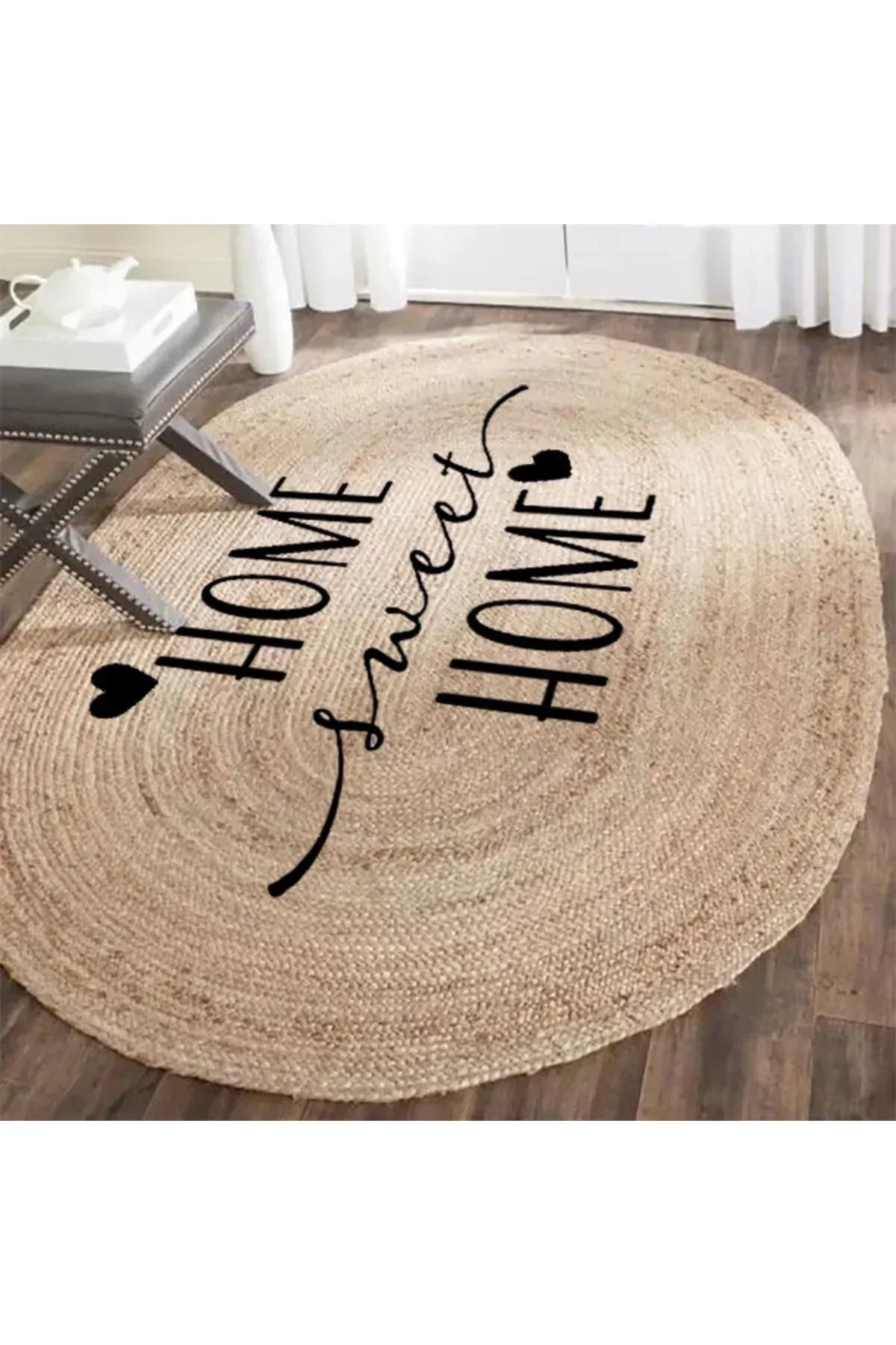 Boho 945 Home Sweet Home Temalı Etnik Desenli Oval Jüt Örme Doğal Hasır Kilim Daire Halı - HALI VAGONU