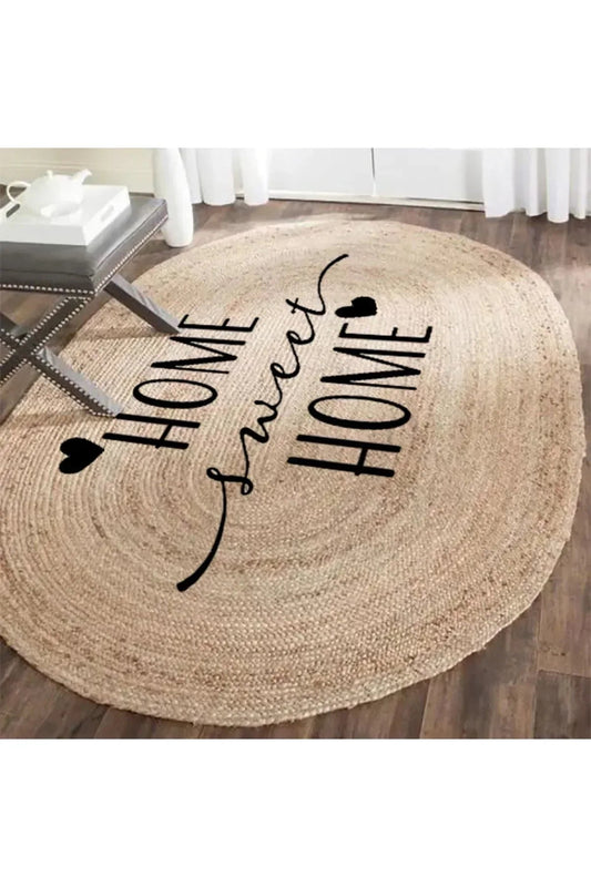Boho 945 Home Sweet Home Temalı Etnik Desenli Oval Jüt Örme Doğal Hasır Kilim Daire Halı - HALI VAGONU