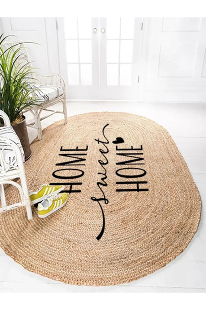 Boho 945 Home Sweet Home Temalı Etnik Desenli Oval Jüt Örme Doğal Hasır Kilim Daire Halı - HALI VAGONU
