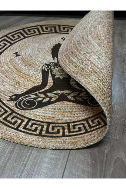Boho 946 Yogo Yapan Kadın Baskılı Örgü Yuvarlak Natural Çift Taraflı Halı - HALI VAGONU