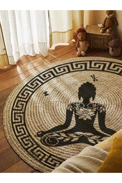 Boho 946 Yogo Yapan Kadın Baskılı Örgü Yuvarlak Natural Çift Taraflı Halı - HALI VAGONU