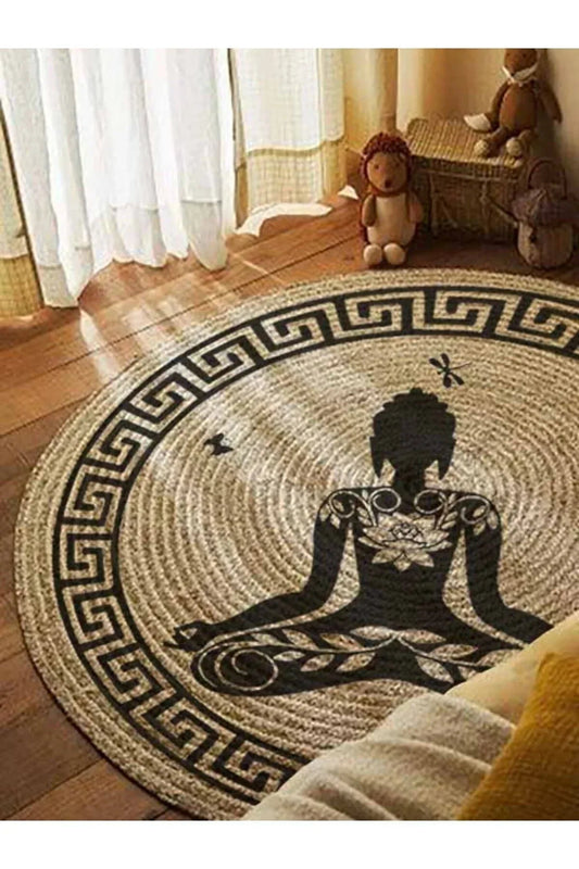 Boho 946 Yogo Yapan Kadın Baskılı Örgü Yuvarlak Natural Çift Taraflı Halı - HALI VAGONU